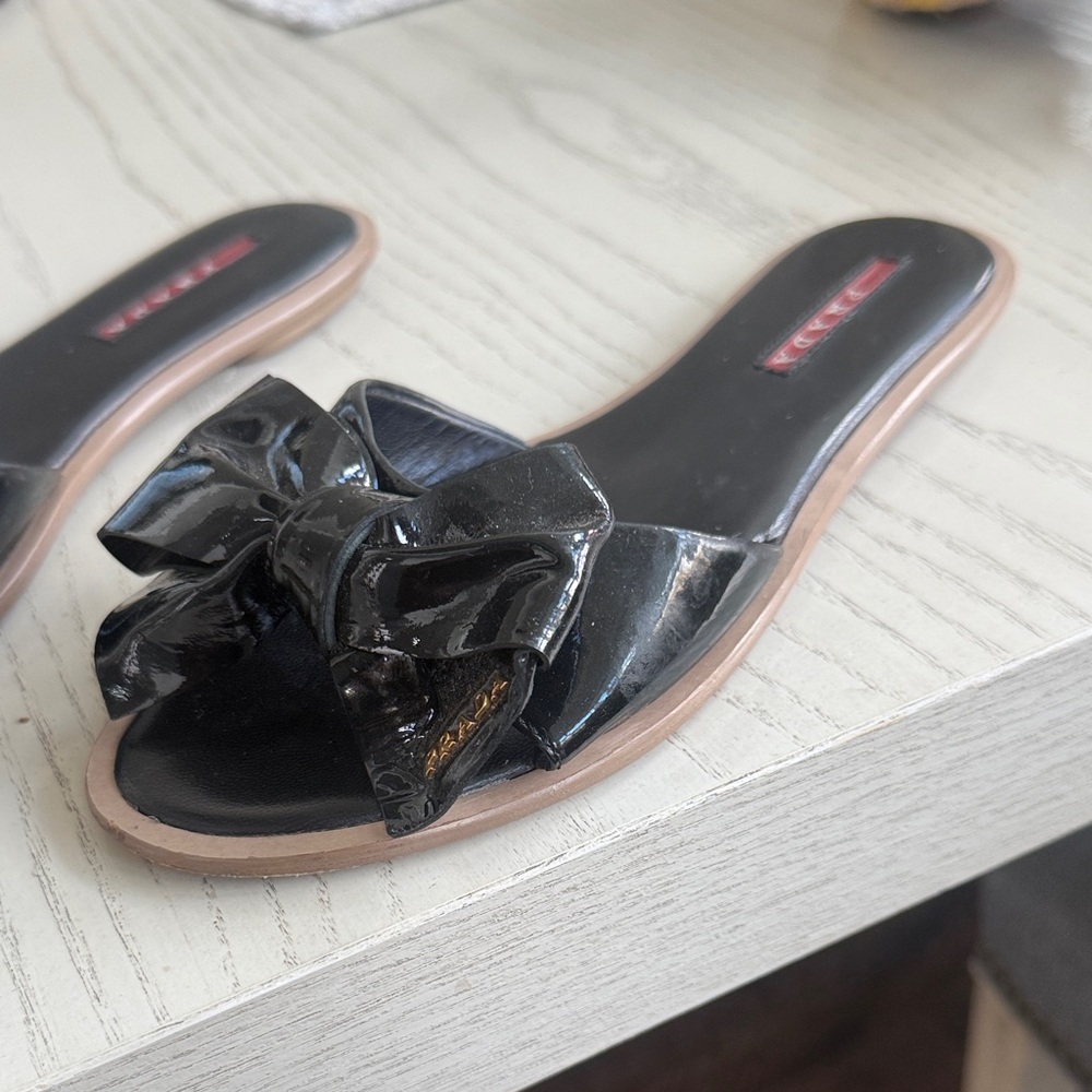 Prada Glossy Black Bow Sandals - Picture 3 of 3